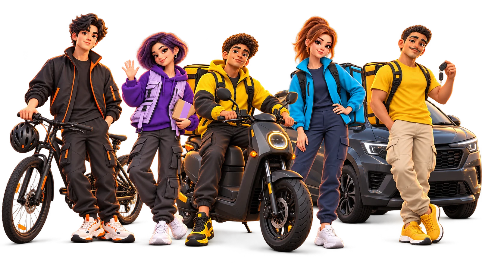 Команда Two Wheels: знакомые герои с велосипедом, мопедом и автомобилем